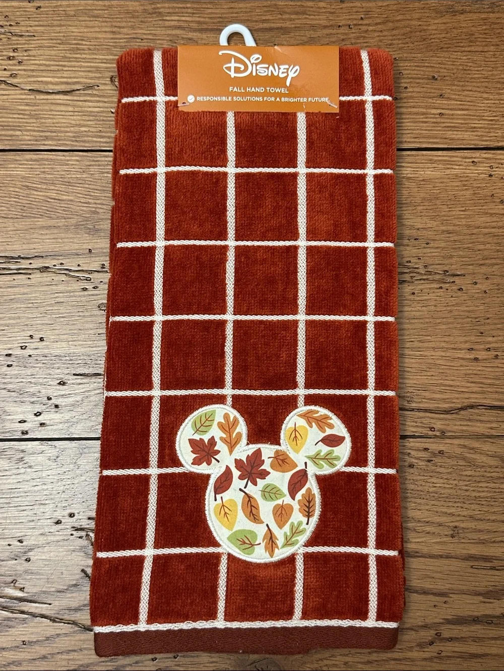 Disney Rust and White Grid Fall Hand Towel with Leaf Mickey